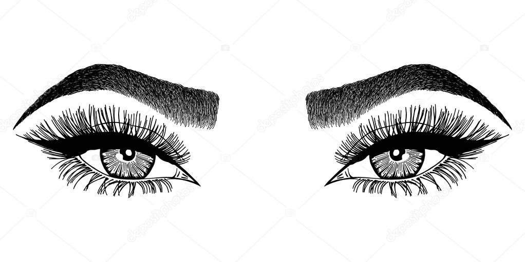 Illustration with woman's eyes, eyelashes and eyebrows. Makeup Look. Tattoo design. Logo for brow bar or lash salon.
