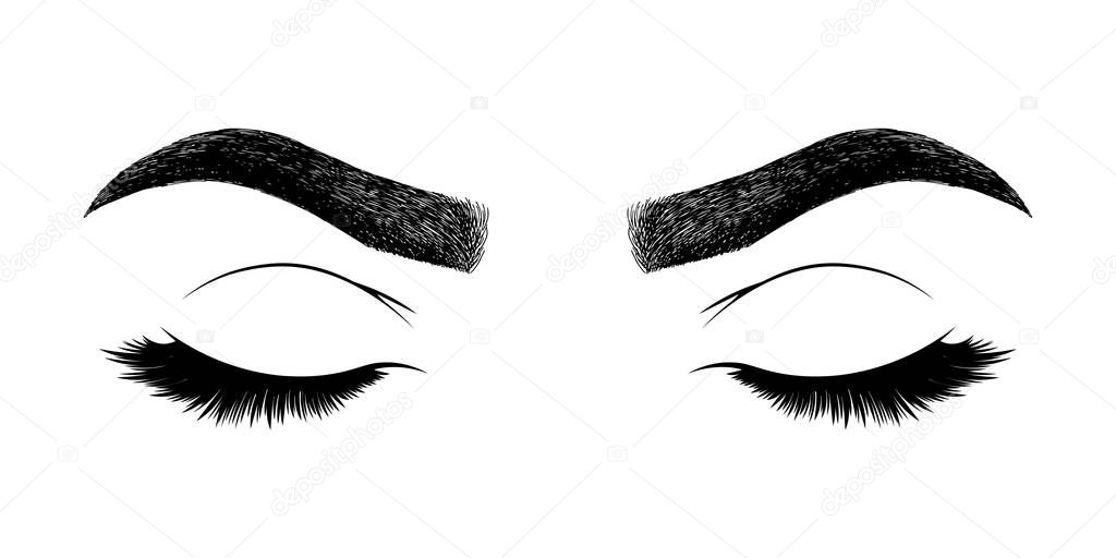 Illustration with woman's eyes, eyebrows and eyelashes. Makeup Look. Tattoo design. Logo for brow bar or lash salon.