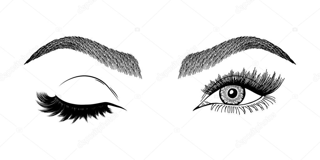 Illustration with woman's eye wink, eyebrows and eyelashes. Makeup Look. Tattoo design. Logo for brow bar or lash salon.