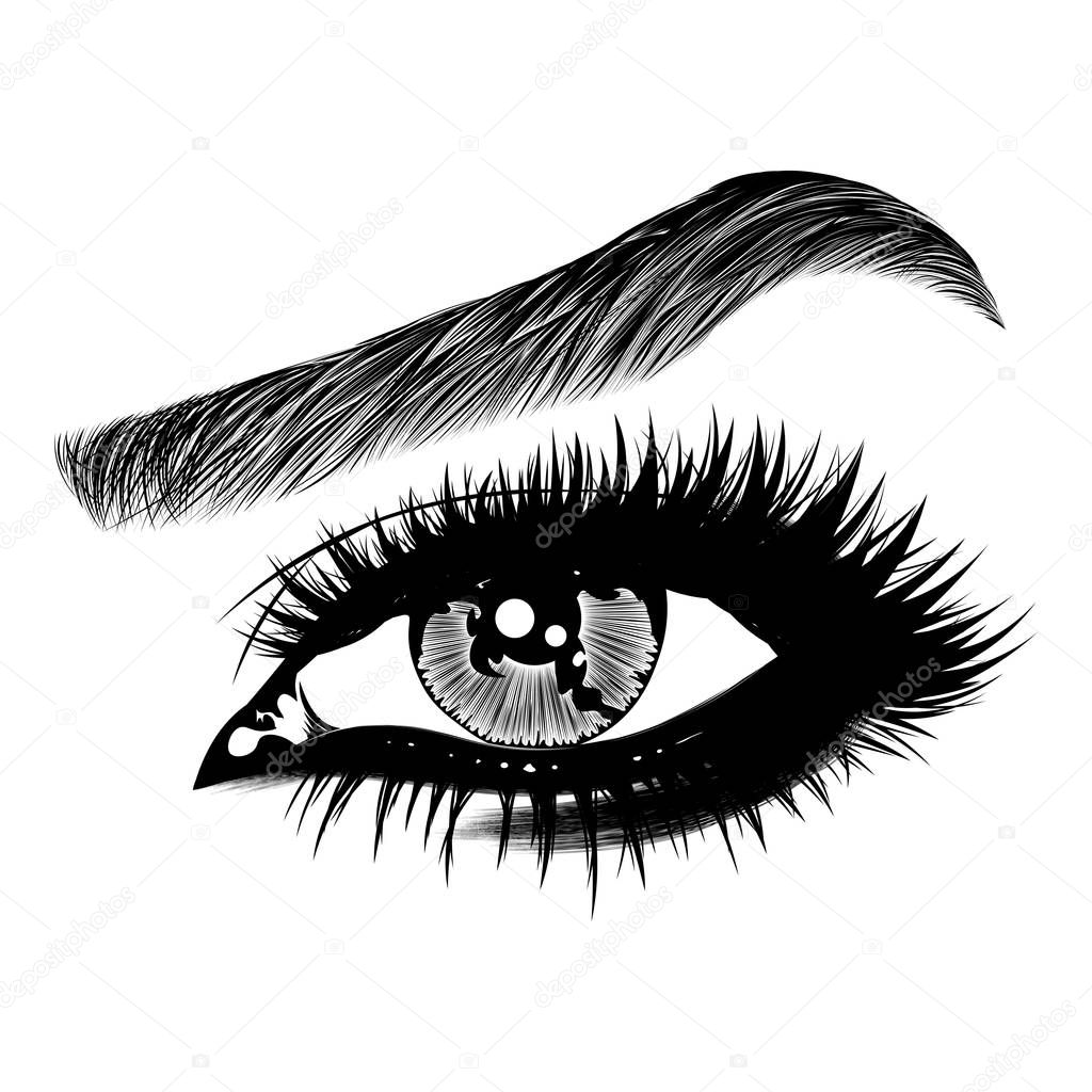 Illustration with woman's eye, eyelashes and eyebrow. Makeup Look. Tattoo design. Logo for brow bar or lash salon.