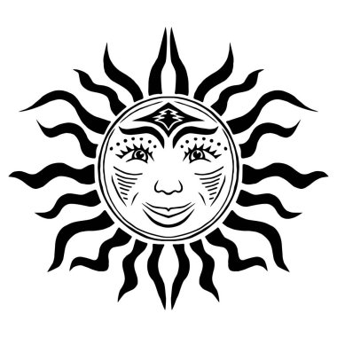 Elle çizilmiş güzel bir güneş sembolü. Davetiye elemanı. Dövme tasarımı. Boyama kitabı için çizim yapıyorum. Heraldry ve logo konsepti sanatı.