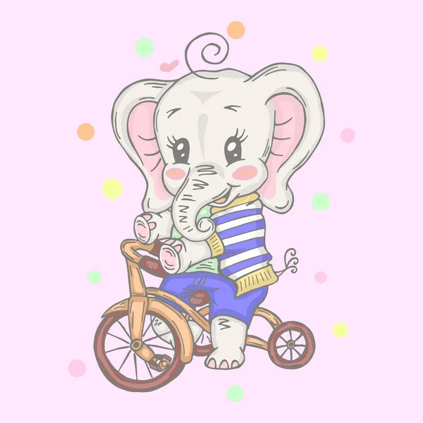 自転車に乗ってかわいい象とイラスト ベビーTシャツプリント ファッションプリントデザイン 子供服 ベビーシャワーお祝いの挨拶や招待カードに使用できます — ストックベクタ