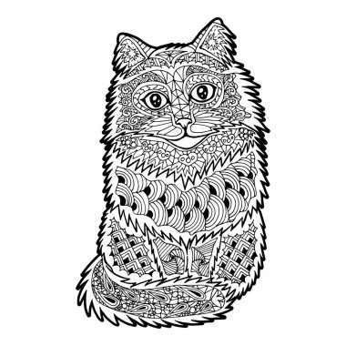 Elle çizilmiş karalamalı kedili bir resim. Boyama kitabı için çizim yapıyorum. El Çizimi Zentangle.