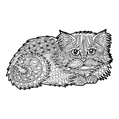 Elle çizilmiş karalamalı kedili bir resim. Boyama kitabı için çizim yapıyorum. El Çizimi Zentangle.