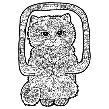 Elle çizilmiş karalamalı kedili bir resim. Boyama kitabı için çizim yapıyorum. El Çizimi Zentangle.