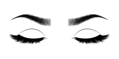 Kadın gözleri, kirpikleri ve kaşları olan bir resim. Makyaj. Bak. Dövme tasarımı. Kaş barı veya kırbaç salonu logosu.