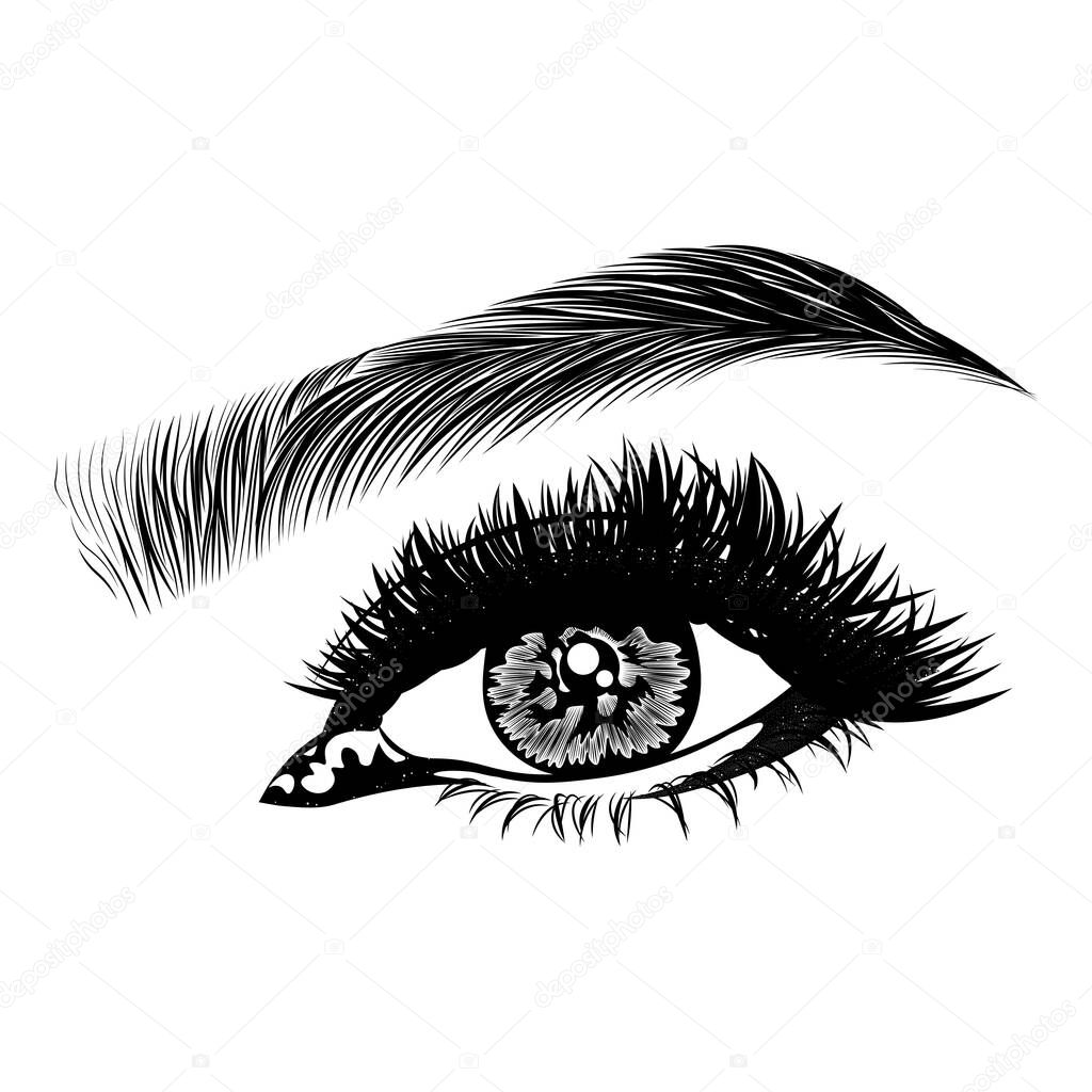 Illustration with woman's eye, eyelashes and eyebrow. Makeup Look. Tattoo design. Logo for brow bar or lash salon.