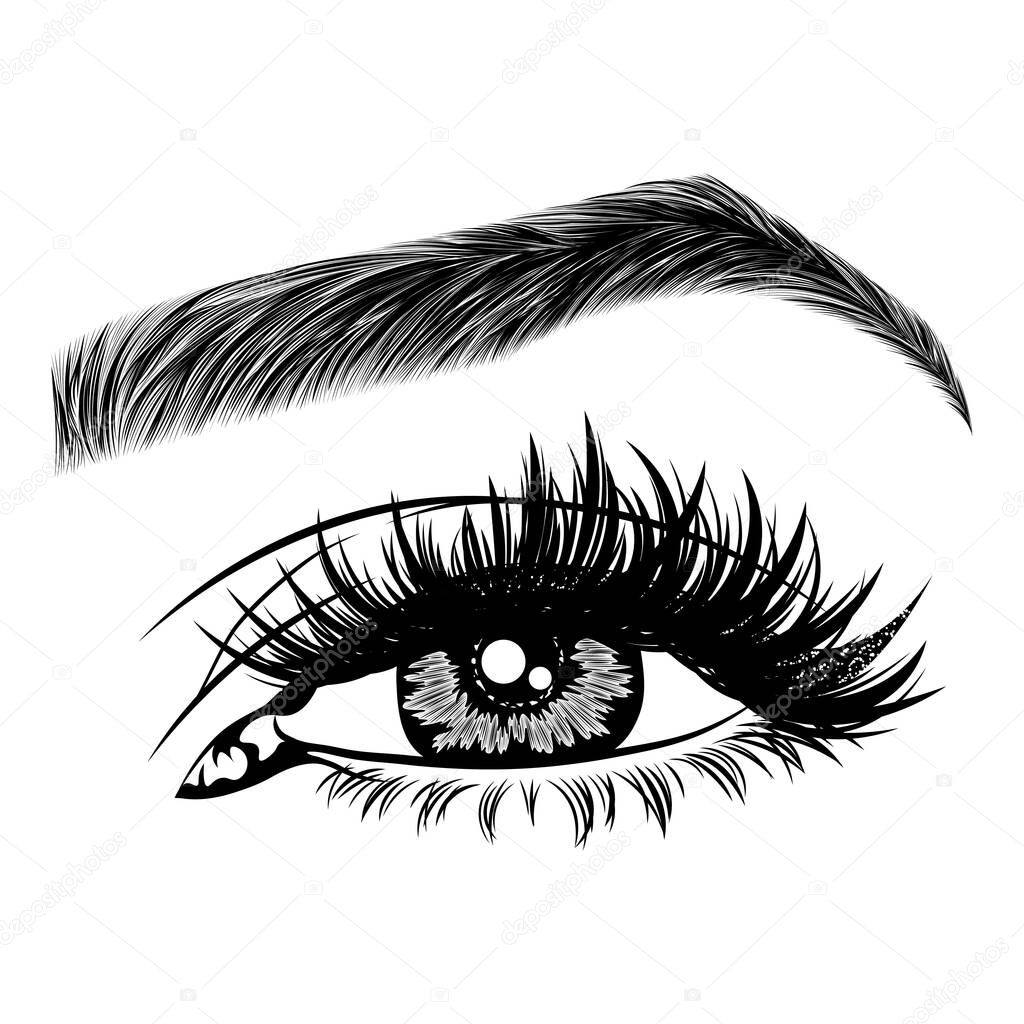 Illustration with woman's eye, eyelashes and eyebrow. Makeup Look. Tattoo design. Logo for brow bar or lash salon.