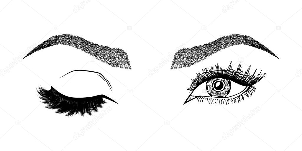 Illustration with woman's eye wink, eyebrows and eyelashes. Makeup Look. Tattoo design. Logo for brow bar or lash salon.