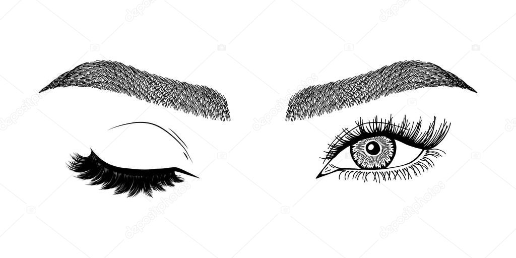 Illustration with woman's eye wink, eyebrows and eyelashes. Makeup Look. Tattoo design. Logo for brow bar or lash salon.