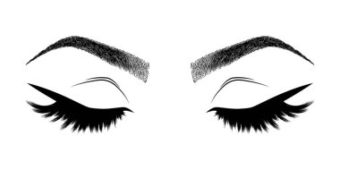 Kadın kirpikleri ve kaşları olan bir resim. Gerçekçi seksi makyaj görünüşü. Dövme tasarımı. Kaş barı veya kırbaç salonu logosu.
