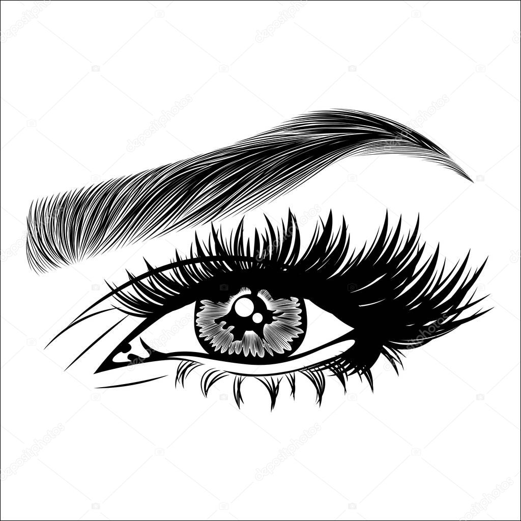Illustration with woman's eye, eyelashes and eyebrow. Makeup Look. Tattoo design. Logo for brow bar or lash salon.