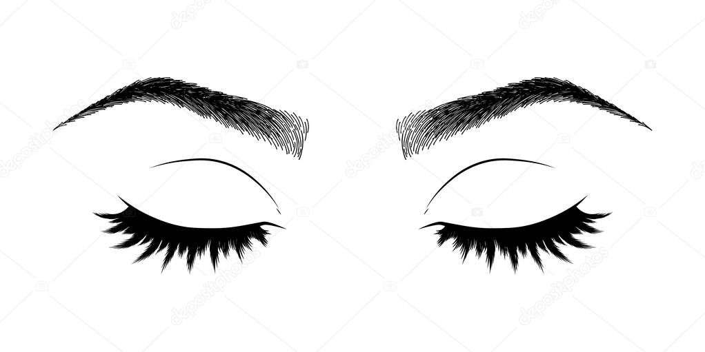 Illustration with woman's eyelashes and eyebrows. Realistic sexy makeup look. Tattoo design. Logo for brow bar or lash salon.