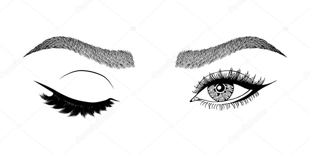 Illustration with woman's eye wink, eyebrows and eyelashes. Makeup Look. Tattoo design. Logo for brow bar or lash salon.
