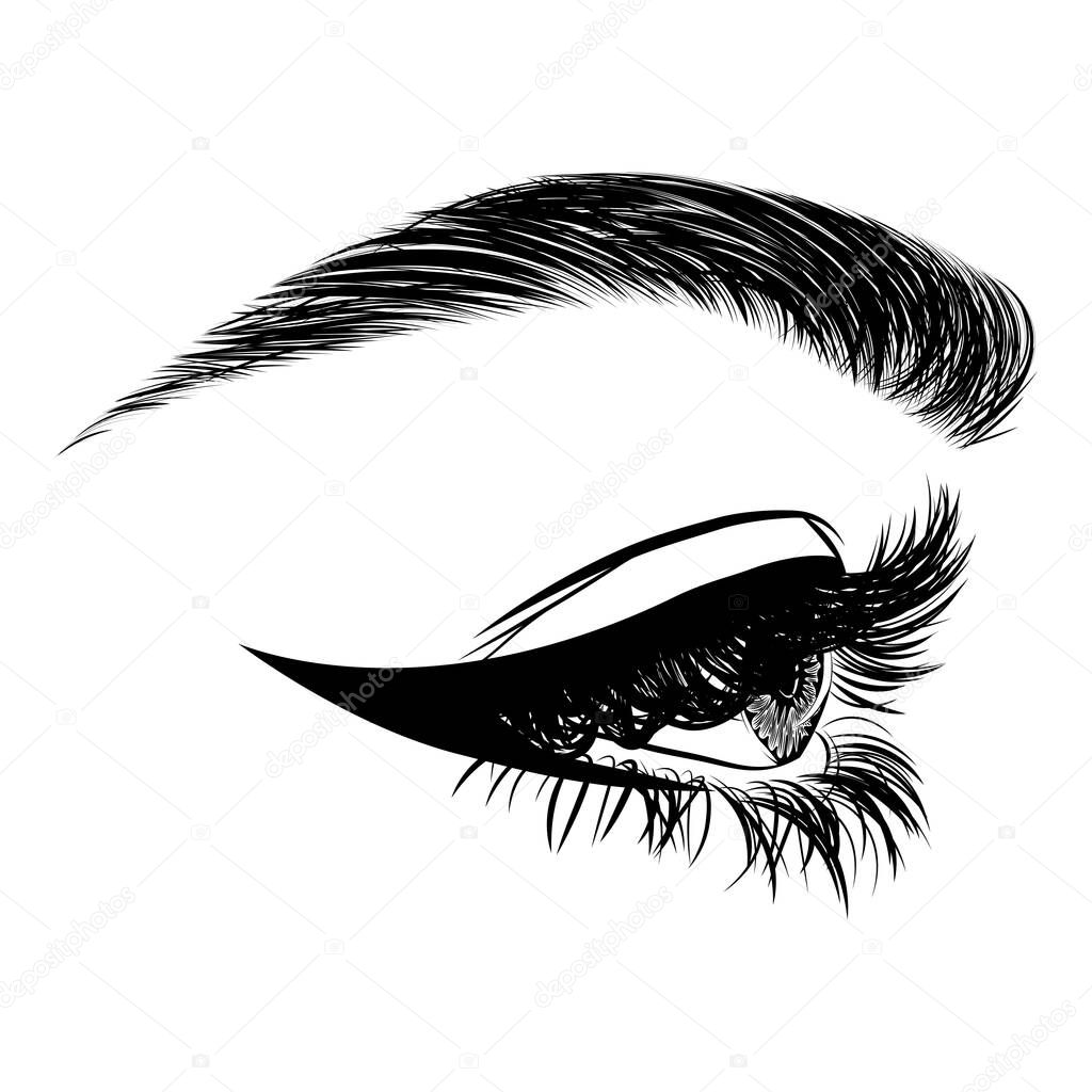 Illustration with side view of woman's eye, eyelashes and eyebrow. Makeup Look. Tattoo design. Logo for brow bar or lash salon.