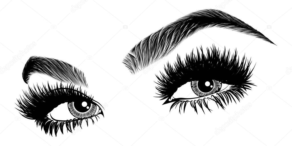 Illustration with woman's eyes, eyelashes and eyebrows. Realistic sexy makeup look. Tattoo design. Logo for brow bar or lash salon.