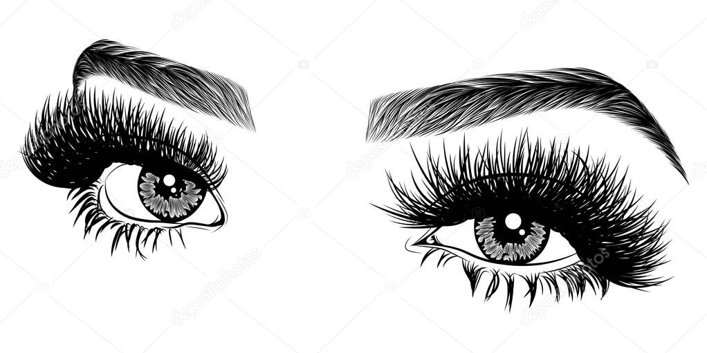 Illustration with woman's eyes, eyelashes and eyebrows. Realistic sexy makeup look. Tattoo design. Logo for brow bar or lash salon.
