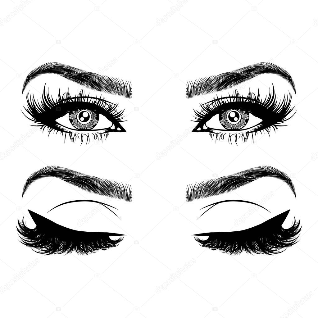 Illustration with woman's eyes, eyelashes and eyebrows. Realistic sexy makeup look. Tattoo design. Logo for brow bar or lash salon.