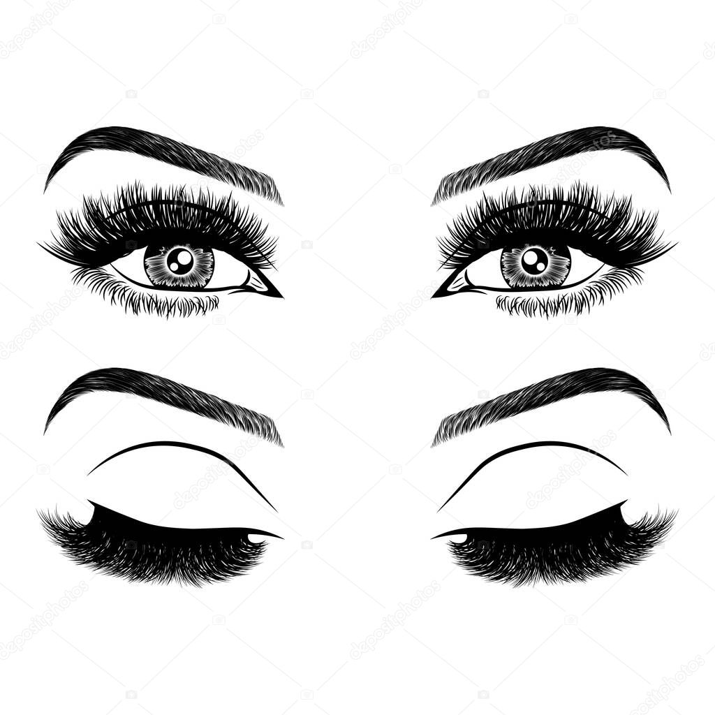 Illustration with woman's eyes, eyelashes and eyebrows. Realistic sexy makeup look. Tattoo design. Logo for brow bar or lash salon.
