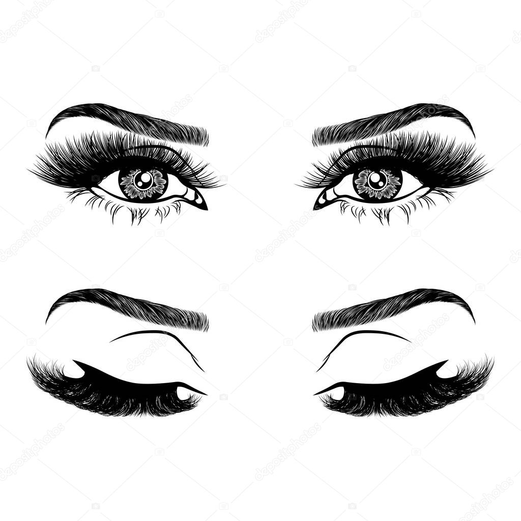 Illustration with woman's eyes, eyelashes and eyebrows. Realistic sexy makeup look. Tattoo design. Logo for brow bar or lash salon.