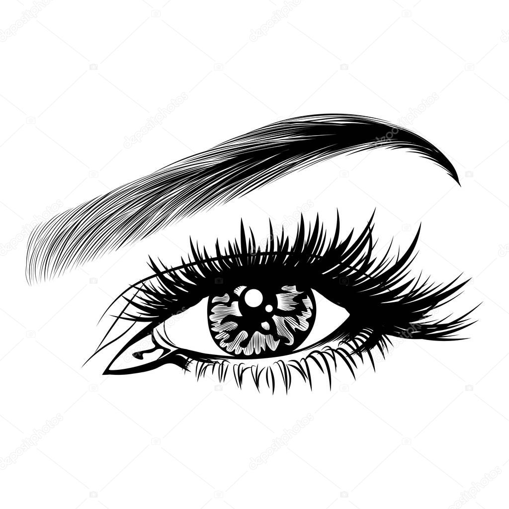 Illustration with woman's eye, eyelashes and eyebrow. Makeup Look. Tattoo design. Logo for brow bar or lash salon.
