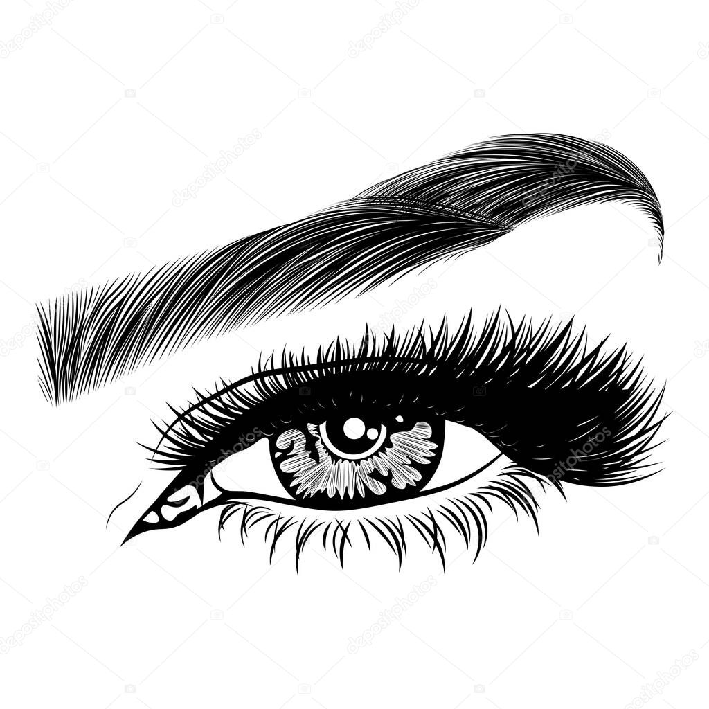 Illustration with woman's eye, eyelashes and eyebrow. Makeup Look. Tattoo design. Logo for brow bar or lash salon.