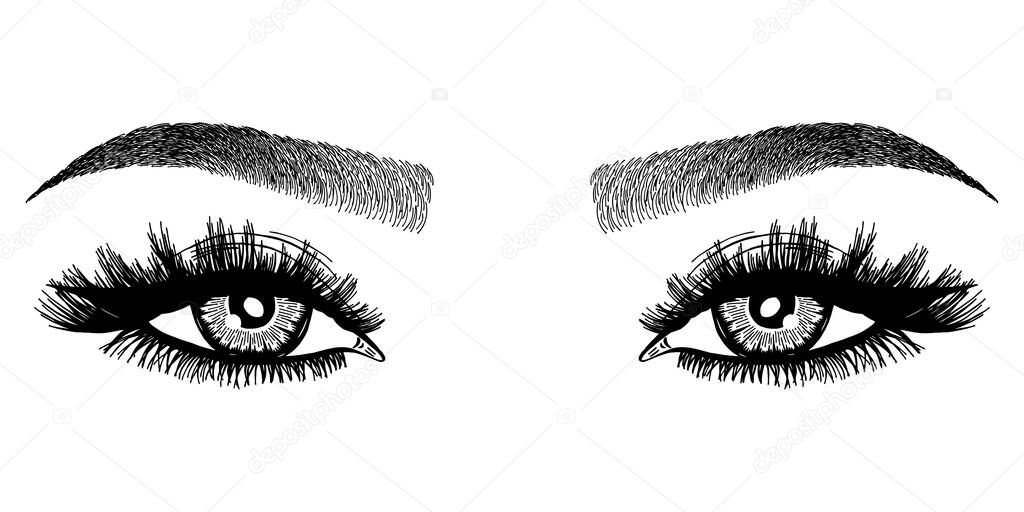 Illustration with woman's eyes, eyelashes and eyebrows. Realistic sexy makeup look. Tattoo design. Logo for brow bar or lash salon.