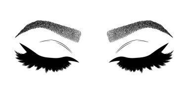 Kadın kirpikleri ve kaşları olan bir resim. Gerçekçi seksi makyaj görünüşü. Dövme tasarımı. Kaş barı veya kırbaç salonu logosu.