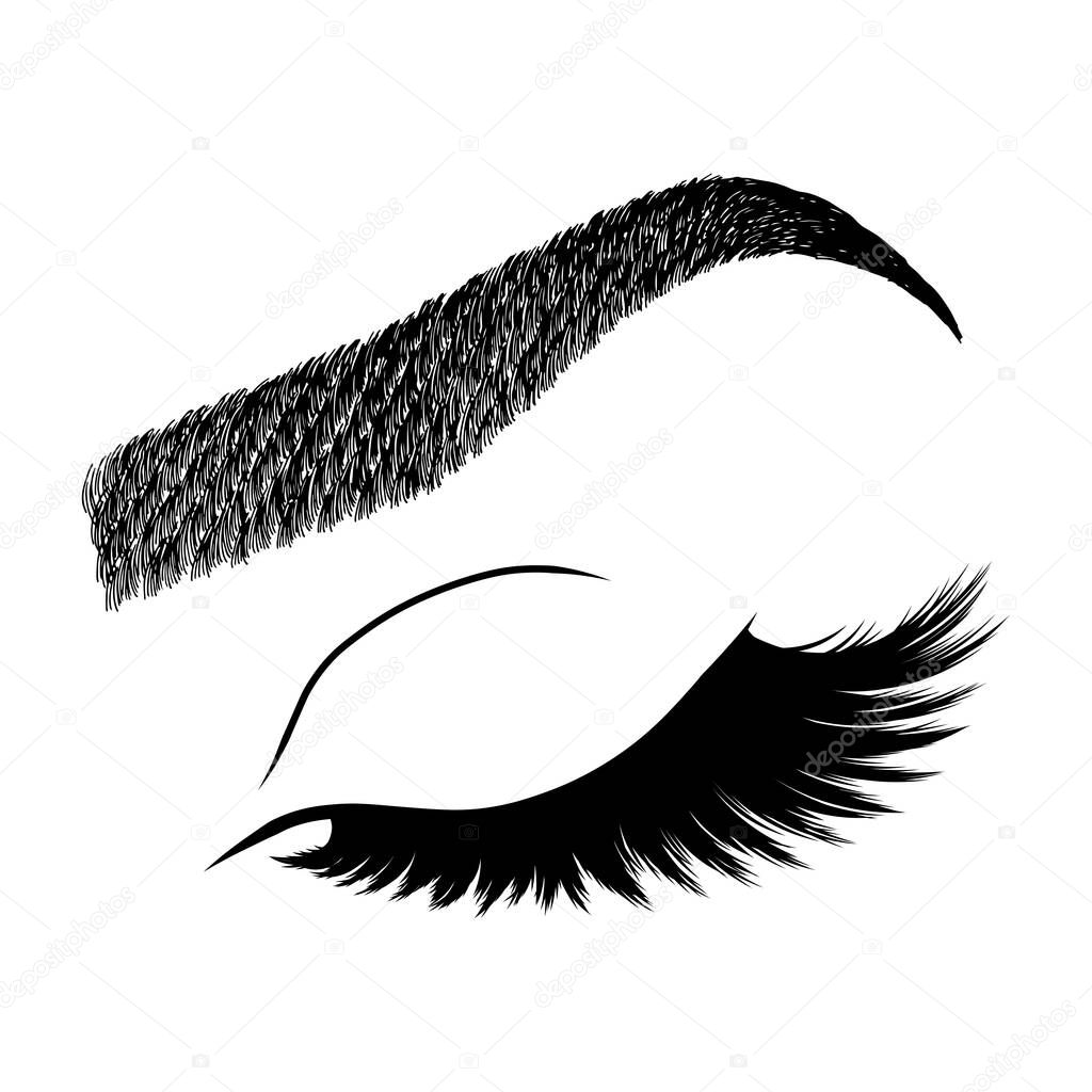 Illustration with woman's eyelashes and eyebrow. Realistic sexy makeup look. Tattoo design. Logo for brow bar or lash salon.