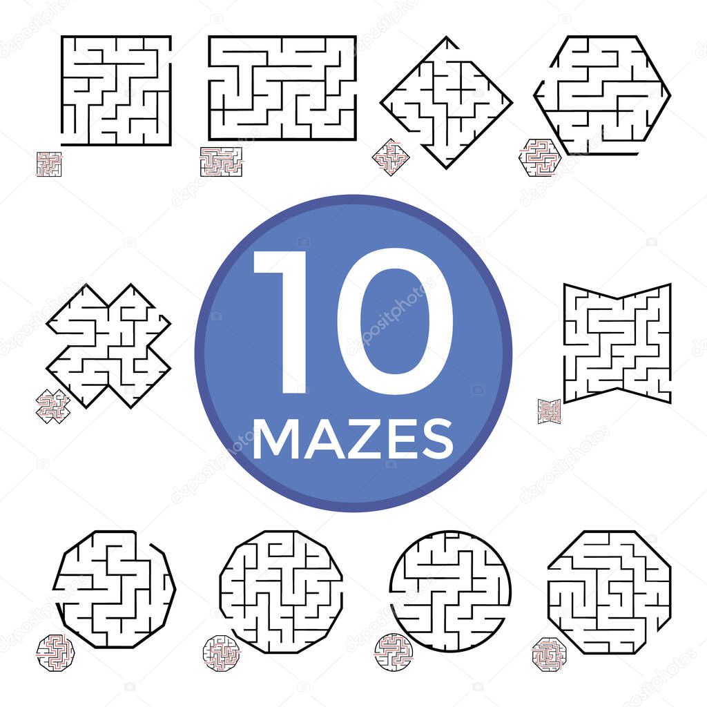Set of labyrinths, mazes conundrums for kids. Baby puzzles with entry and exit. Children riddle games.