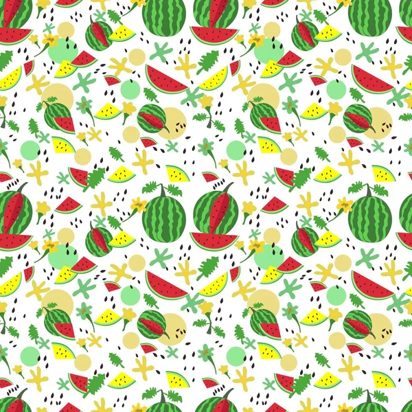 Płynny wzór z owoców arbuza i zielonych liści — Zdjęcie stockowe