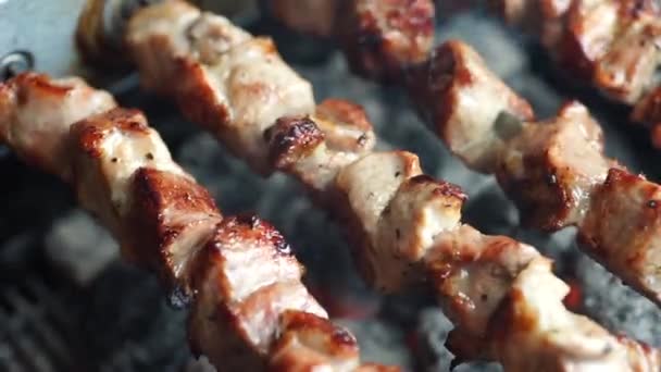 Kebab perfumado é assado em espetos na grelha rotativa — Vídeo de Stock