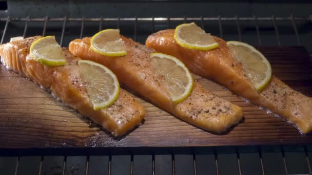 鲑鱼鱼片在雪松板与柠檬在烤箱。时差. — 图库视频影像