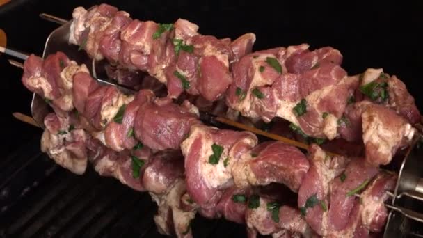Duftende shish kebab Shashlik ristes på spyd på gasgrillen – Stock-video