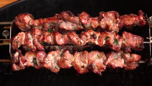 Shashlik shish fragrante kebab é assado em espetos na grelha de gás — Vídeo de Stock