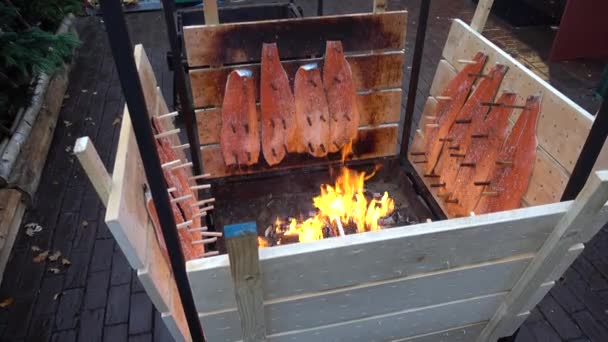 在汉诺威的圣诞集市上, 鲑鱼被熏在篝火上. — 图库视频影像