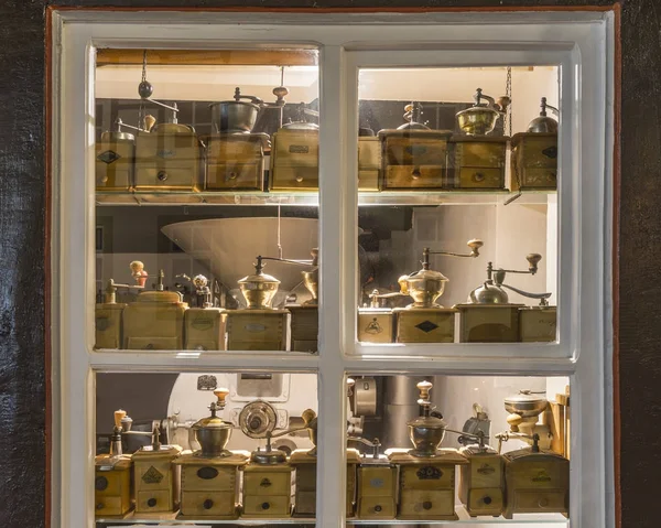 Ancient coffee grinders in a window of the old medieval house in Germany — Stock Photo, Image