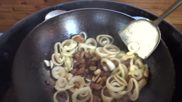 Smażenia mięsa z cebulą w Kazaniu na grill gazowy — Wideo stockowe