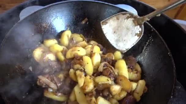 Τηγάνισμα πατάτας με κρέας, τα κρεμμύδια και τις ντομάτες σε ένα Καζάν για μια σχάρα αερίου — Αρχείο Βίντεο