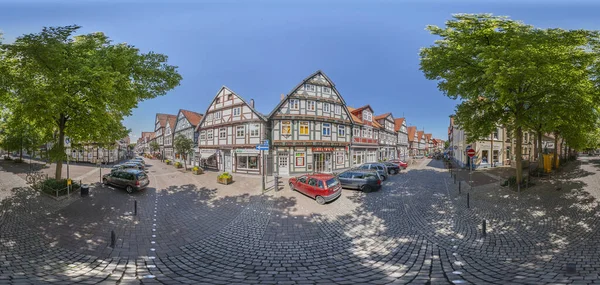 Celle, Germany - June 01, 2009: 360 degree panoramic view of historical half-timbered houses in the old city of Celle, Germany — Stock Photo, Image