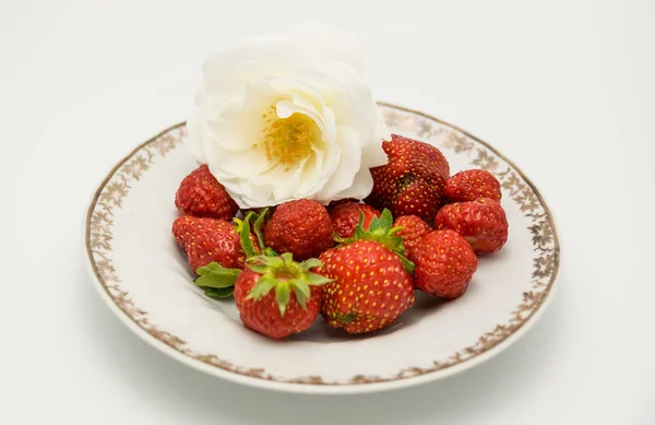 strawberries and a white rose on a small plate