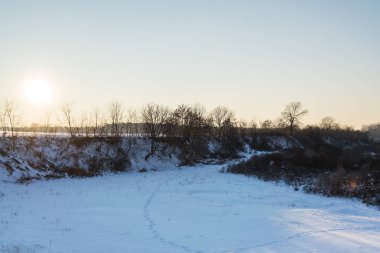 Kış günbatımı buharlı mısır tarlasında