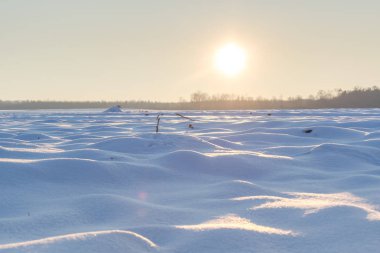 Kış günbatımı buharlı mısır tarlasında