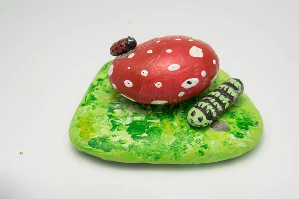 Ladybug Red Fungus Caterpillar Green Grass Painted Stones — Stock Photo, Image