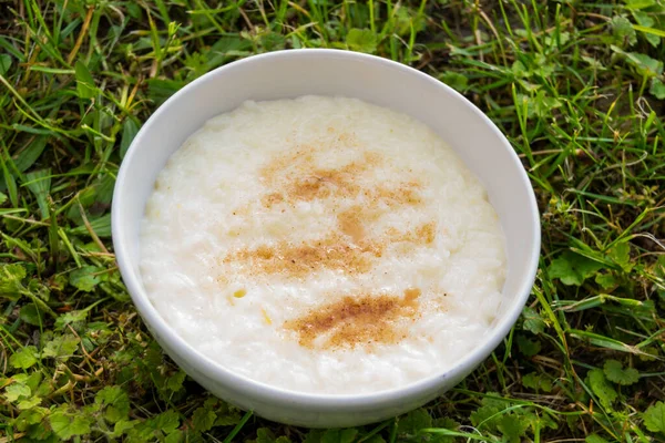 Arroz Com Leite Tigela Branca Grama Close — Fotografia de Stock