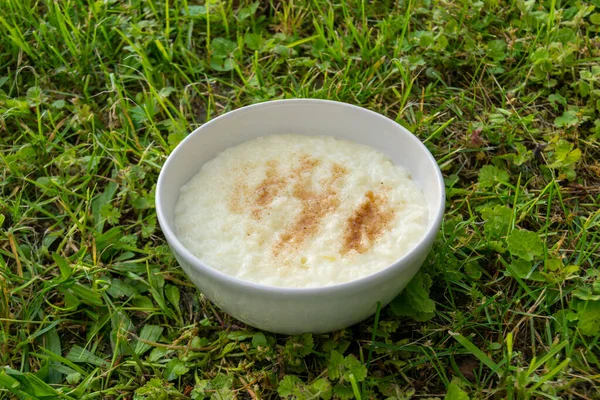 Rijst Met Melk Witte Kom Gras Close — Stockfoto