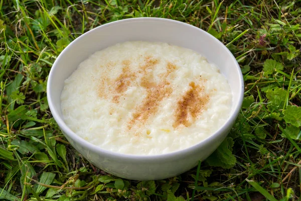 Arroz Com Leite Tigela Branca Grama Close — Fotografia de Stock