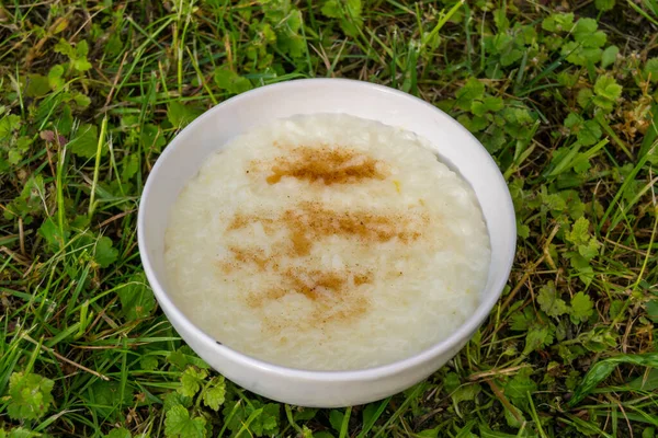 Arroz Com Leite Tigela Branca Grama Close — Fotografia de Stock