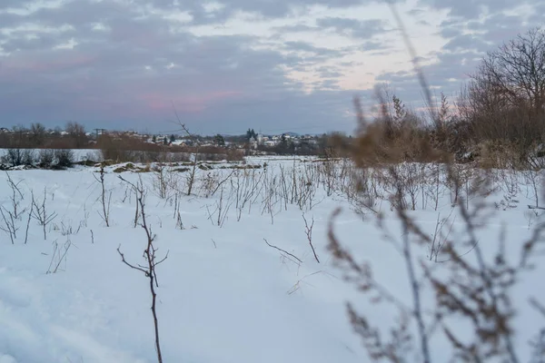 Schnee Bedeckte Boden Abend Zur Wintersaison — Stockfoto