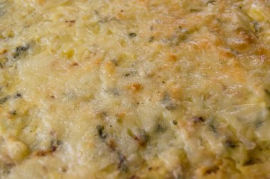 closeup shot of potato moussaka with ground meat
